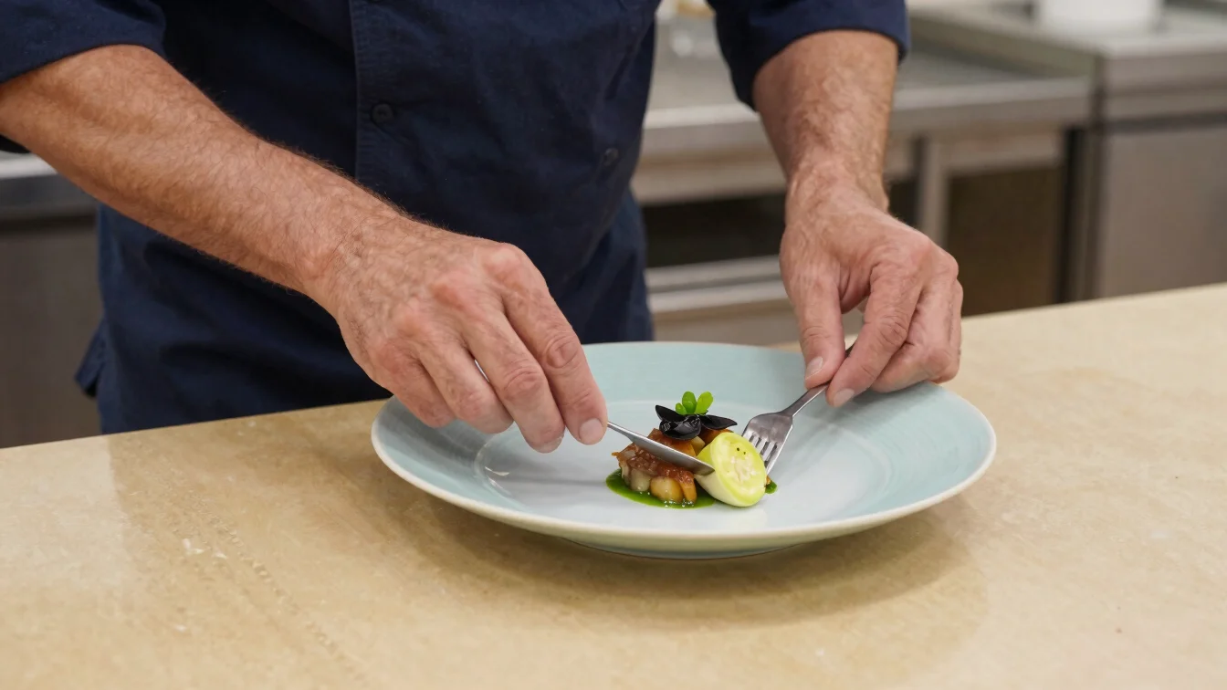 Editorial close-up of a chef's hands plating a dish in a Mallorca