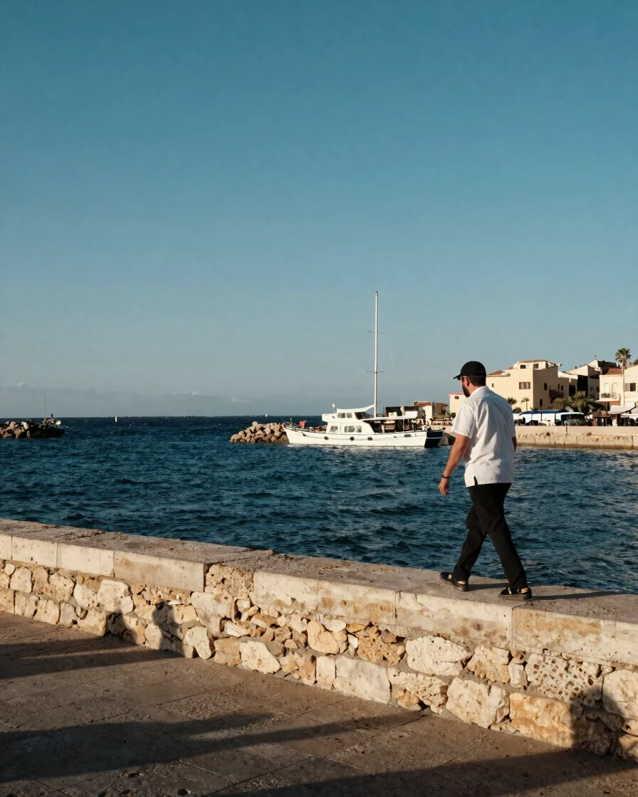 Documentary photograph of a Palma waterfront with a hospitality team member walking past a stone harbour wall in soft Me