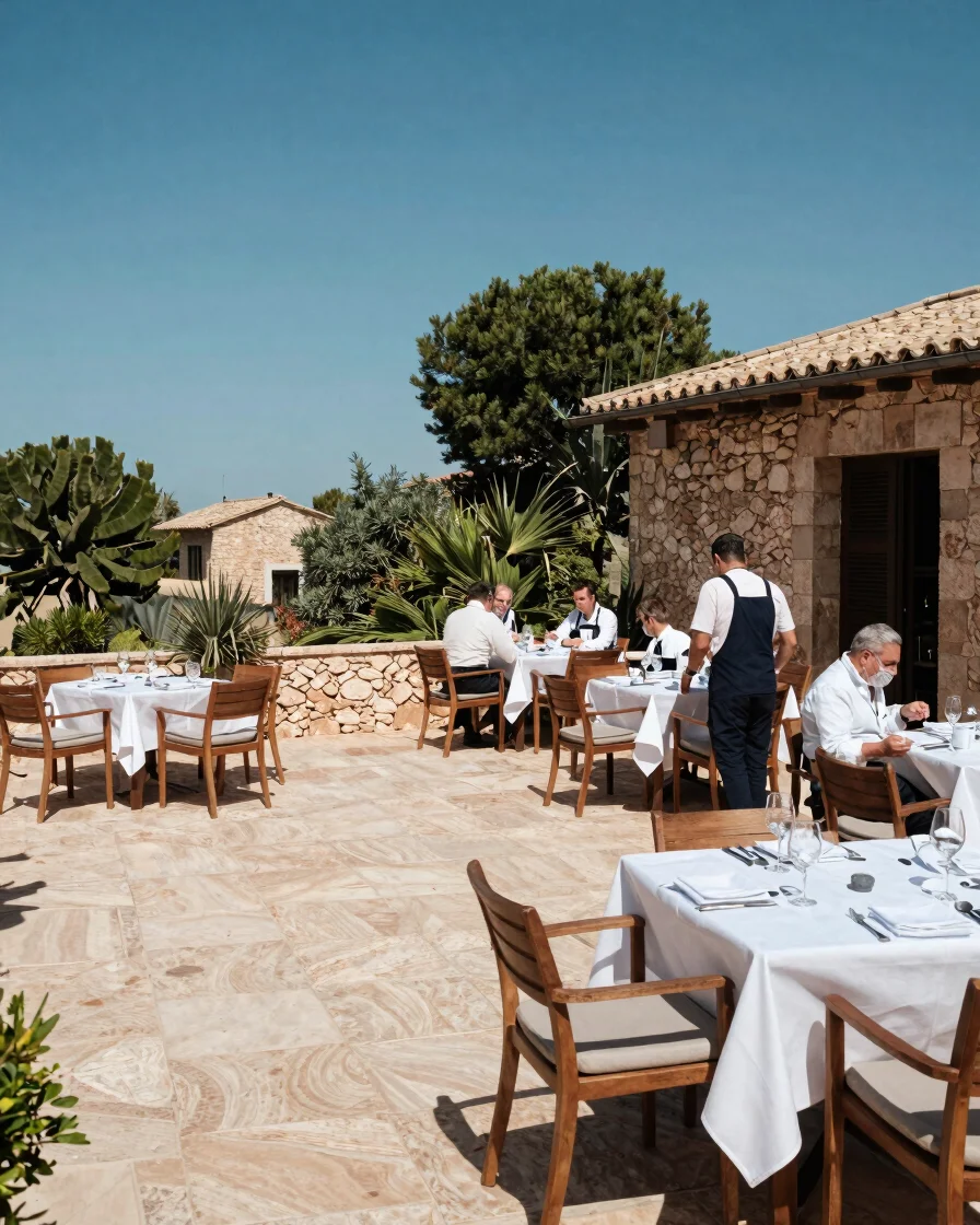 Candid editorial photograph of a hospitality team setting tables
