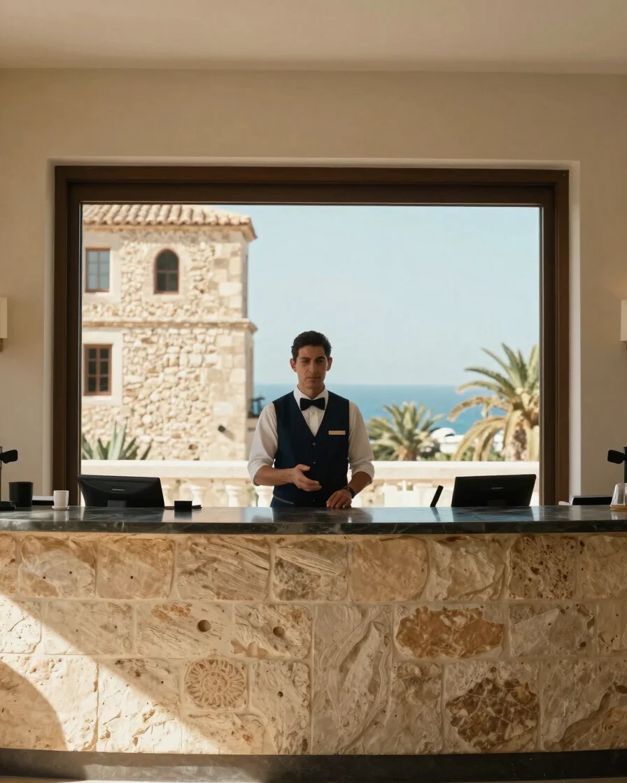 Editorial photograph of a hotel reception desk with a staff member in uniform welcoming guests, warm Mediterranean dayli