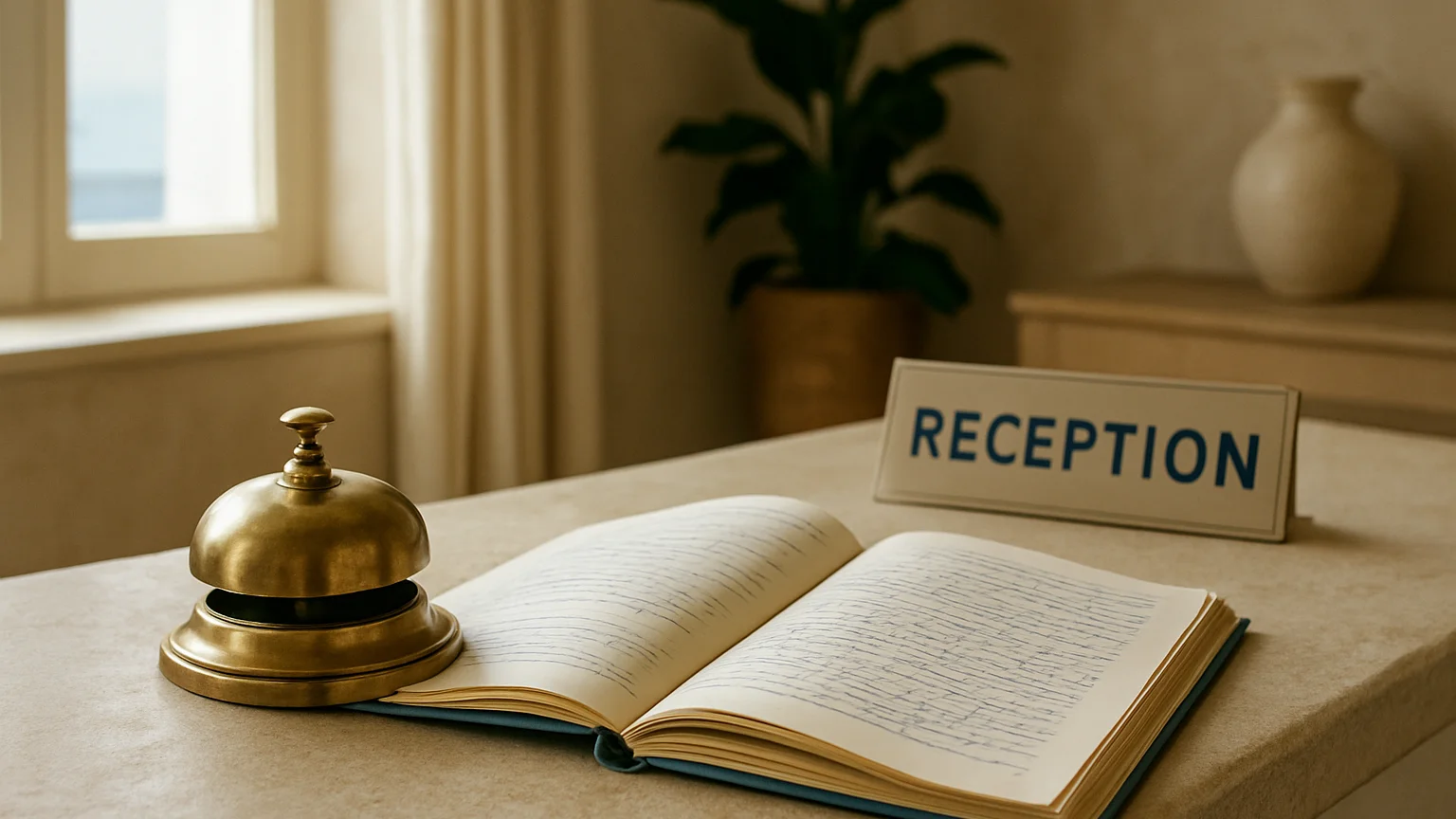 Candid detail of a hotel reception desk with a brass bell and ope
