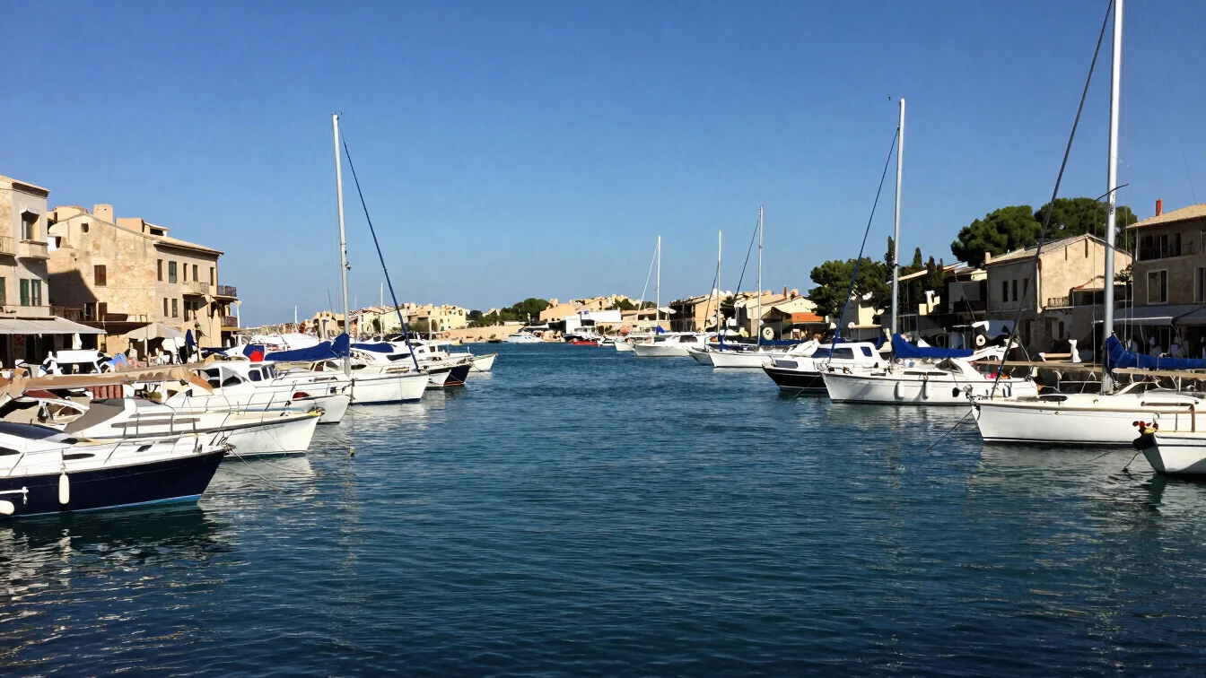 Wide candid view of a Mallorca marina with moored boats and stone