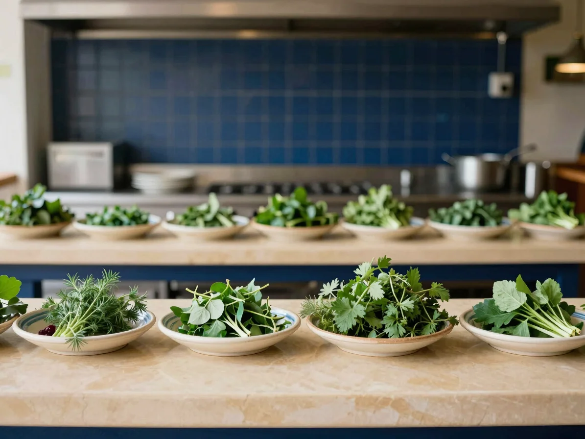 Editorial photograph of a restaurant kitchen pass with fresh herb