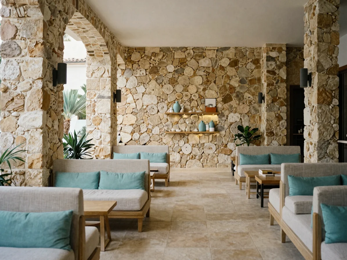 Candid editorial view of a boutique hotel lobby with stone walls