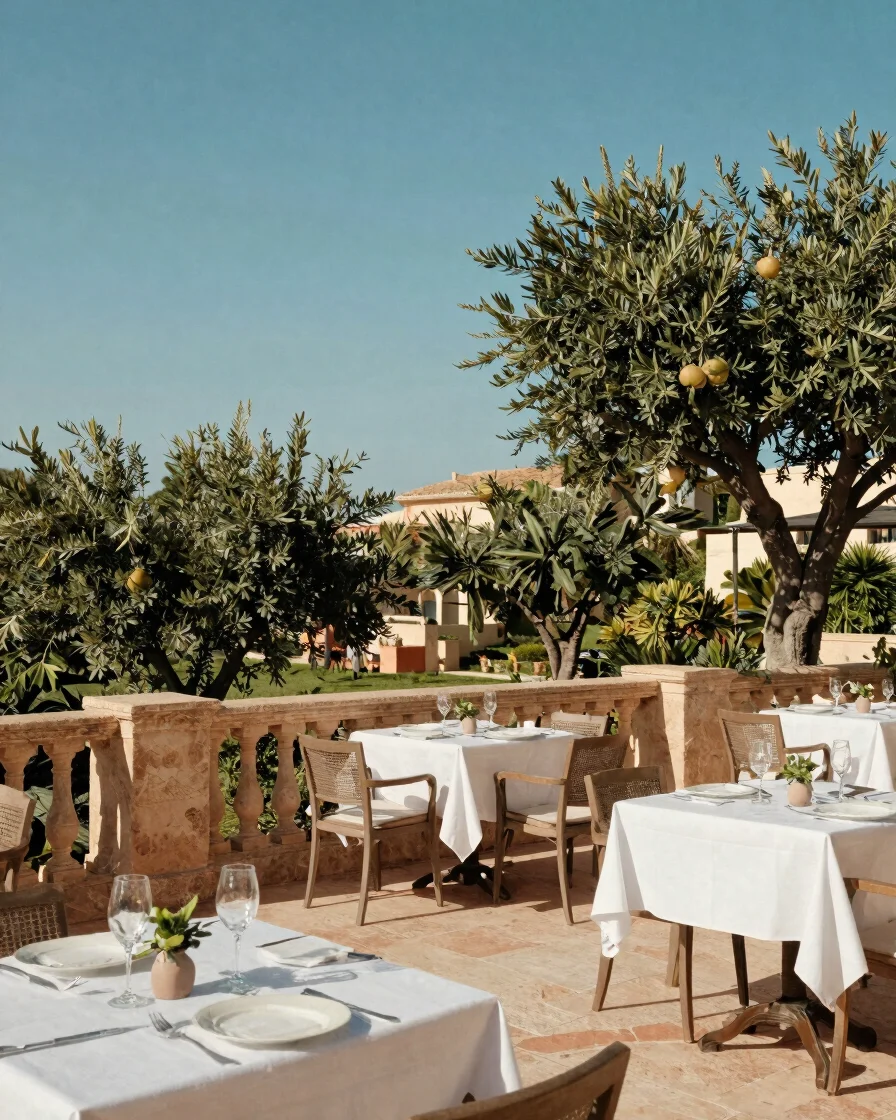 Warm late-afternoon light across a Mallorca hotel terrace, white linen tables set for service, Mediterranean stone balus