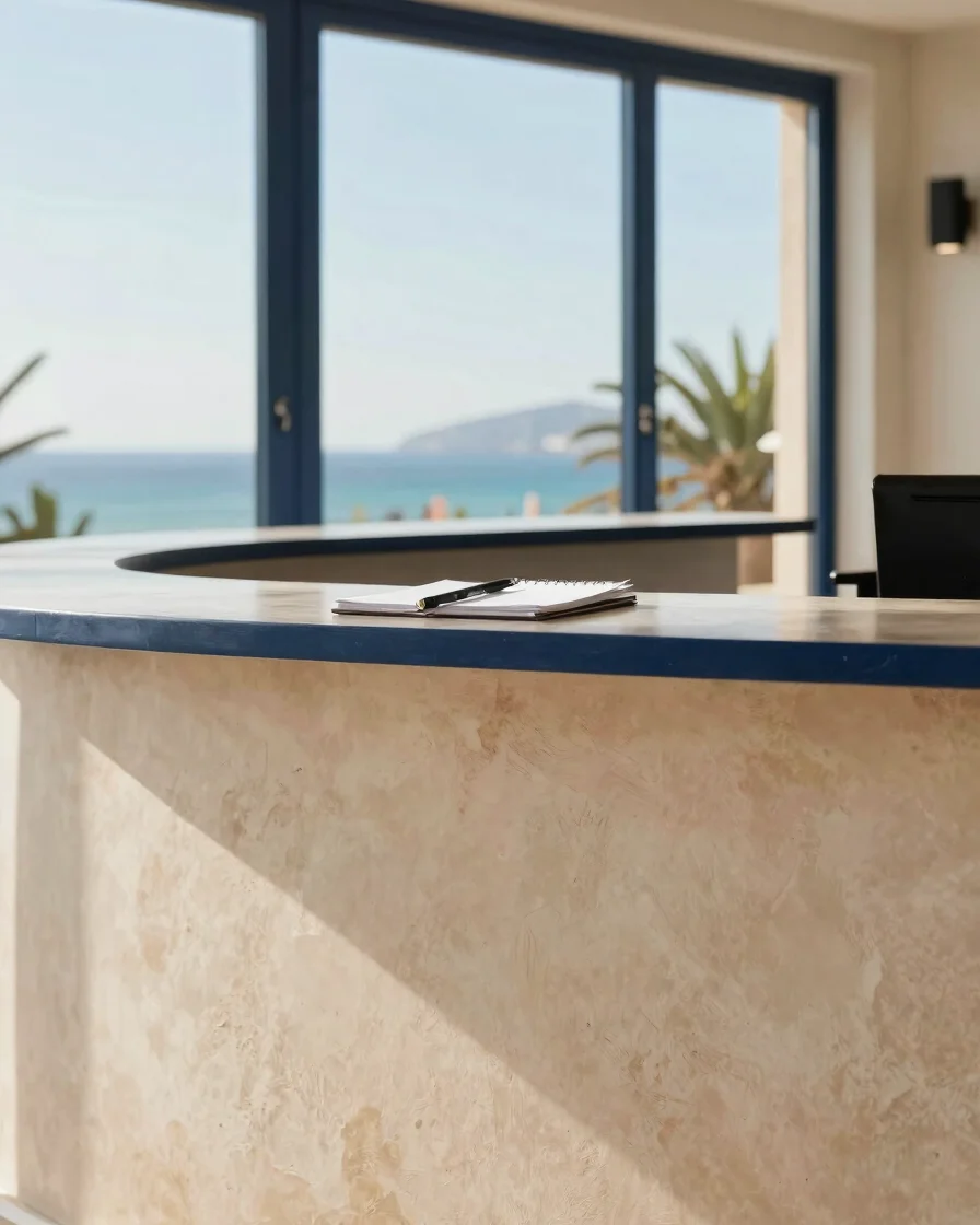 Editorial photograph of a bright Mallorca hotel reception desk with a neatly arranged notepad and pen, natural Mediterra