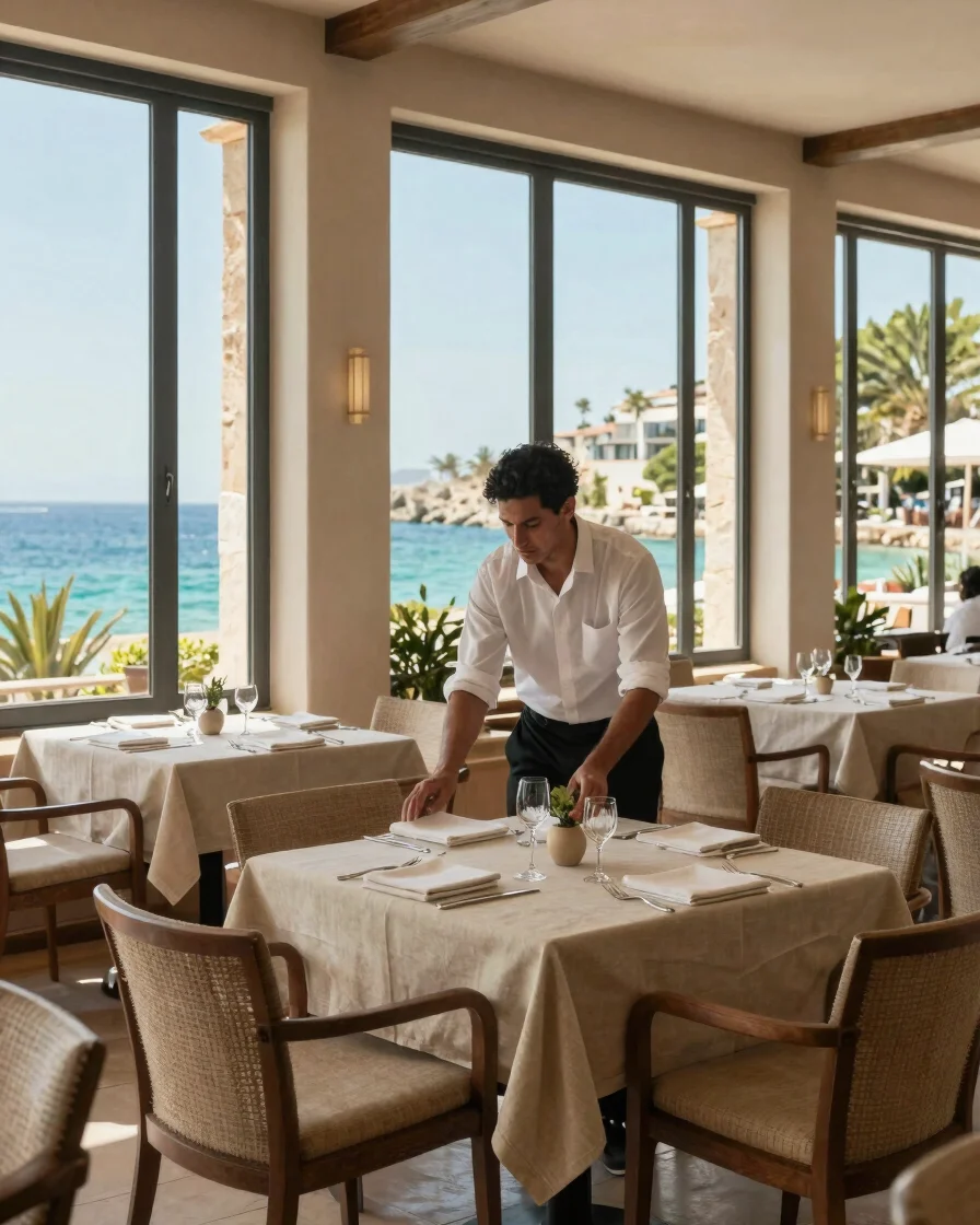 Editorial photograph of a Mallorca hotel restaurant interior at midday, natural Mediterranean daylight through tall wind