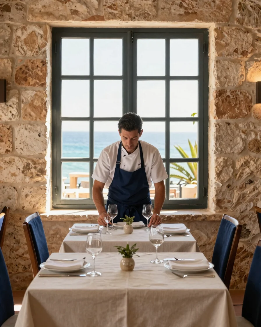 Candid editorial photograph of a hospitality team member setting